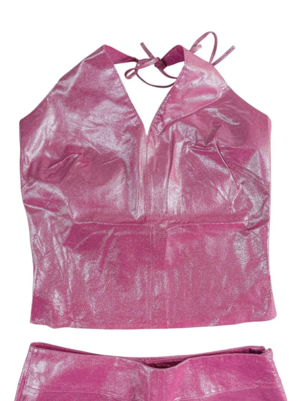 Rare Vintage Y2K Express Hot Pink 100% Leather Halter Top Skirt Set Sz XS Fest - Picture 7 of 16